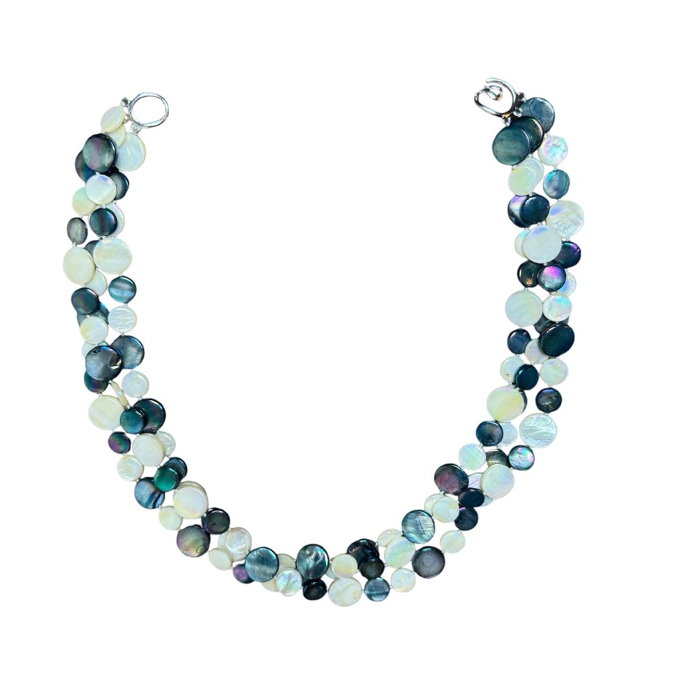 Iridescent Mother of Pearl Amazonite Necklace -Three Strands- Dark Green, White